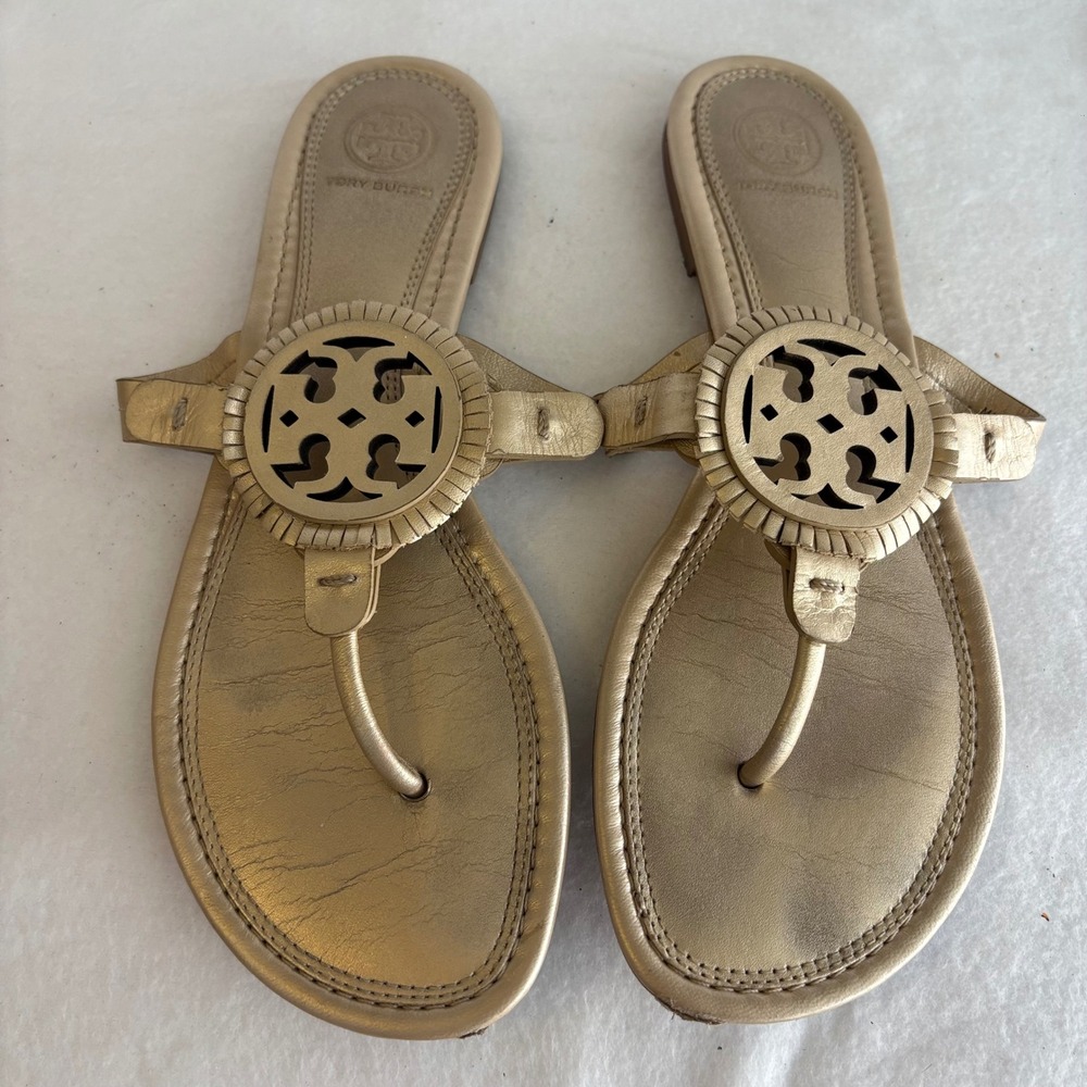 Tory Burch Miller Metallic Gold Leather Logo Thong Sandals Womens 8M